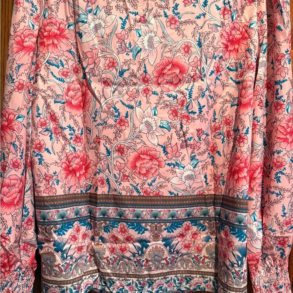 Boho Floral Peasant Blouse XL Pink Smocked Sleeves Tie Neck Top NWOT - Picture 6 of 13